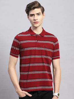 Monte Carlo - Mens Striped Maroon Cotton Blend Polo Collar Half Sleeve Casual T-Shirt
