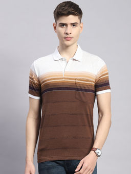 Monte Carlo - Mens Striped Brown Cotton Blend Polo Collar Half Sleeve Casual T-Shirt