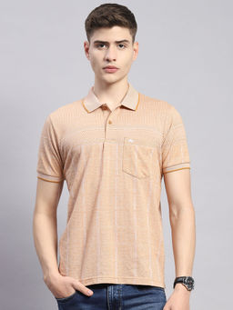 Monte Carlo - Mens Striped Beige Cotton Blend Polo Collar Half Sleeve Casual T-Shirt