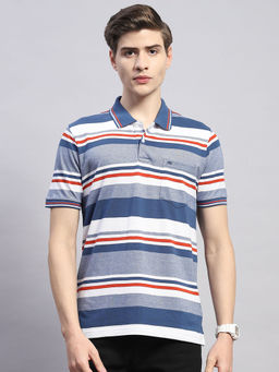 Monte Carlo - Mens Striped Blue Cotton Blend Polo Collar Half Sleeve Casual T-Shirt