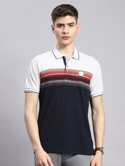 Monte Carlo - Mens Striped Navy Blue Cotton Blend Polo Collar Half Sleeve Casual T-Shirt