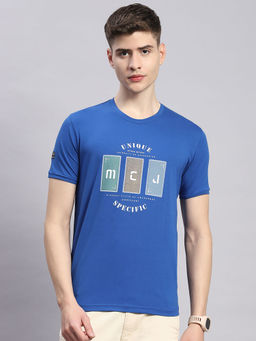 Monte Carlo - Mens Typography Blue Cotton Blend Round Neck Half Sleeve Smart Fit Casual T-Shirt