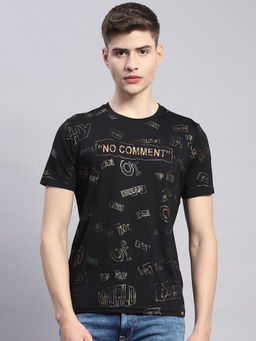 Monte Carlo - Mens Printed Black Cotton Blend Round Neck Half Sleeve Casual T-Shirt