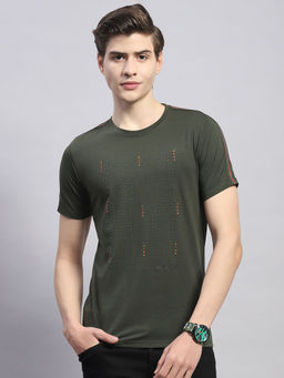 Monte Carlo - Mens Printed Olive Cotton Blend Round Neck Half Sleeve Casual T-Shirt