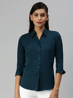 SHOWOFFFF - Women Slim Fit Regular Sleeves Teal Solid Shirt