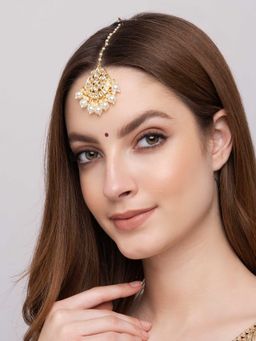 Indya - Gold White Pearl Kundan Encrusted Floral Maangtika