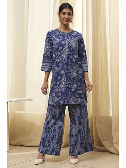 Biba - Women Indigo Blue Cotton Printed Kurta & Palazzo (Set of 2)