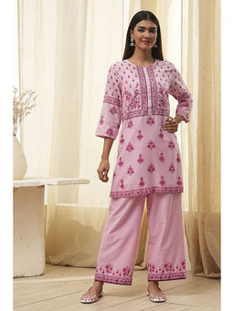Biba - Women Light Pink Cotton Straight Printed Kurta with Inner & Palazzo (Set of 3)