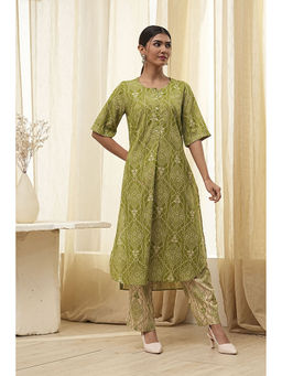 Biba - Women Lime Green Viscose Blend Straight Printed Kurta & Pant (Set of 2)