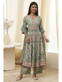 Biba - Women Green Cotton Anarkali Kurta & Pant with Dupatta (Set of 3)