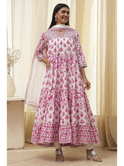 Biba - Women Off White Cotton Tiered Kurta & Churidar with Dupatta (Set of 3)