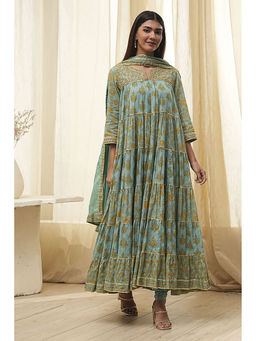 Biba - Women Sage Green Cotton Tiered Kurta & Churidar with Dupatta (Set of 3)