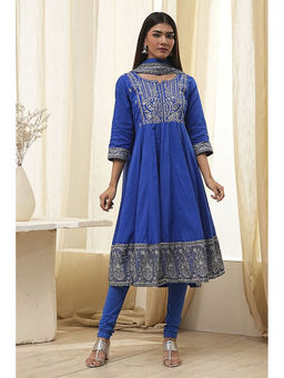 Biba - Women Blue Cotton Anarkali Kurta & Churidar with Dupatta (Set of 3)