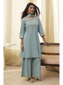 Biba - Women Dull Blue Cotton Kalidar Kurta & Palazzo with Dupatta (Set of 3)