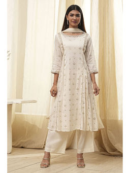 Biba - Women Cream Cotton Kalidar Kurta & Palazzo with Dupatta (Set of 3)