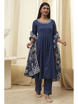 Biba - Women Navy Blue Cotton Anarkali Kurta & Palazzo with Dupatta (Set of 3)