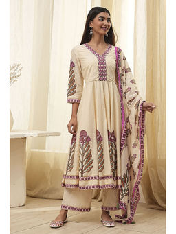 Biba - Women Beige Cotton Anarkali Kurta & Palazzo with Dupatta (Set of 3)