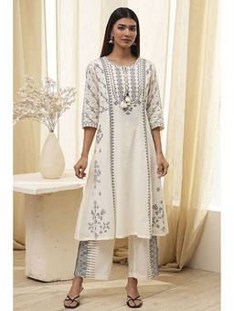 Biba - Women Off White Cotton Straight Kurta & Palazzo with Inner (Set of 3)