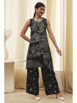 Biba - Women Black Viscose Blend Asymmetric Printed Kurta & Palazzo (Set of 2)