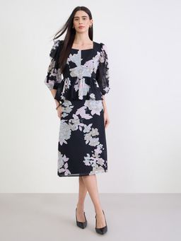 Styli - Women Multi-Color Floral Printed Sweetheart Neck Long Puff Sleeves A-Line Midi Dress