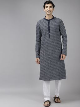 See Designs - Men Navy Blue Printed Kurta with Pyjama (Set of 2)