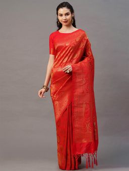 Odette - Red Festive Silk Blend Woven Design Saree with Unstitched Blouse