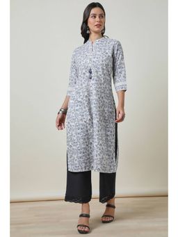 Soch - Womens Grey Linen Blend Botanical Print Kurta with Tassels