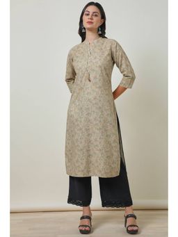 Soch - Womens Beige Linen Blend Botanical Print Kurta with Tassels