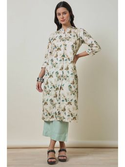 Soch - Womens Beige Linen Blend Floral Print Kurta with Tassels