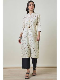 Soch - Womens Off White Linen Blend Floral Print Kurta with Tassels