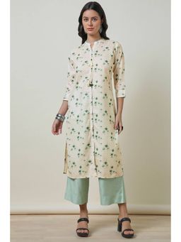 Soch - Womens Cream Linen Blend Floral Print Kurta with Tassels