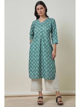 Soch - Womens Green Linen Blend Printed Kurta