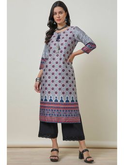 Soch - Womens Grey Ethnic Printed Motifs Kurta with Tassels