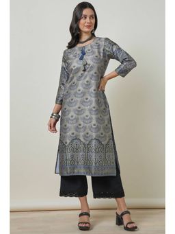 Soch - Womens Grey Printed Kurta with Tassels