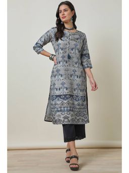Soch - Womens Grey Silk Blend Printed Kurta with Tassels