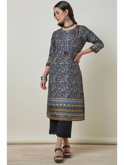 Soch - Womens Navy Blue Silk Blend Printed Kurta with Tassels