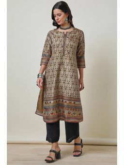Soch - Womens Beige Silk Blend Ethnic Printed Kurta with Tassels