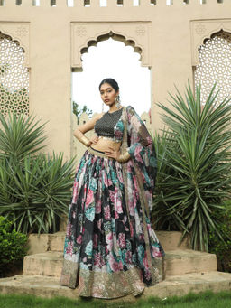 MONK & MEI - Black Faiza Lehenga with Blouse and Dupatta (Set of 3)