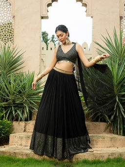 MONK & MEI - Black Nadia Lehenga with Blouse and Dupatta (Set of 3)