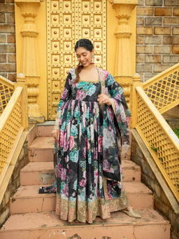 MONK & MEI - Black Amber Anarkali with Dupatta (Set of 2)