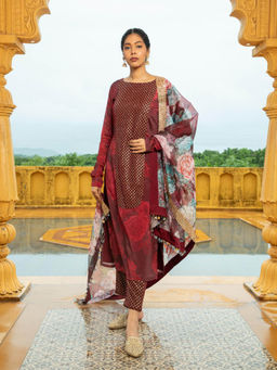 MONK & MEI - Maroon Natasha Kurta with Pant and Dupatta (Set of 3)