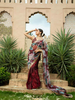 MONK & MEI - Maroon Sanam Saree with Stitched Blouse