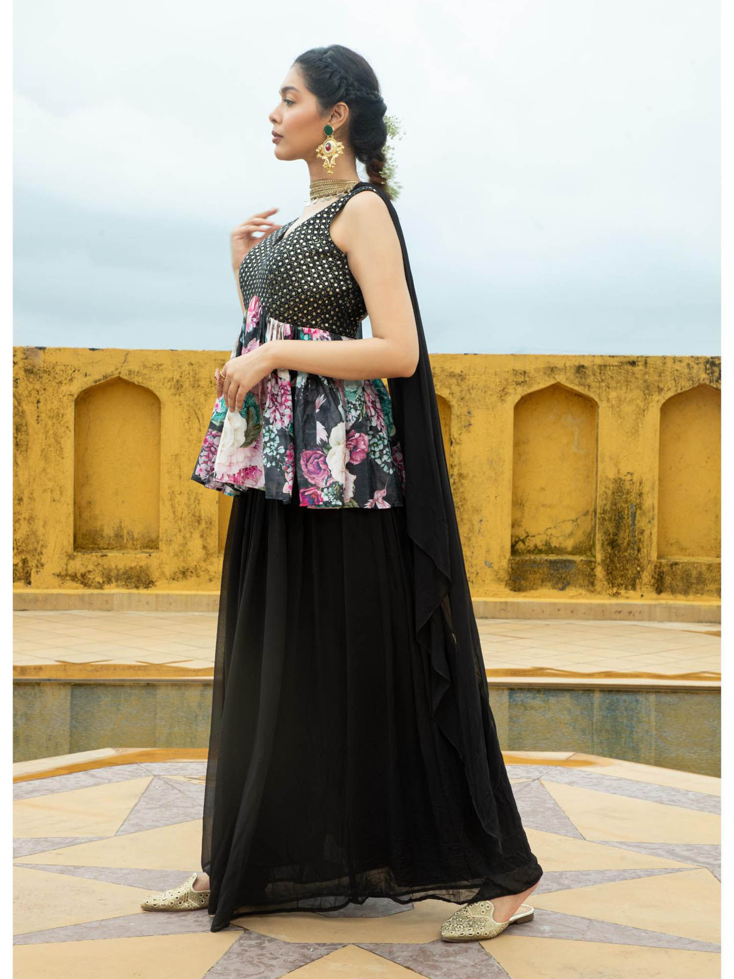 Buy MONK & MEI Black Nazneen Peplum Top with Palazzo and Dupatta