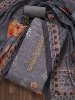 Koskii - Grey Floral Printed & Sequined Chanderi Unstitched Salwar Suit (Set of Three)