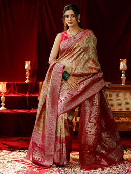 Libas - Women Mustard Bandhani Woven Design Saree with Dupatta