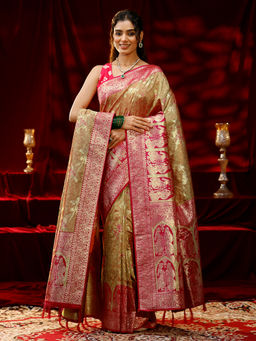 Libas - Women Mustard Woven Bandhani Design Saree with Dupatta