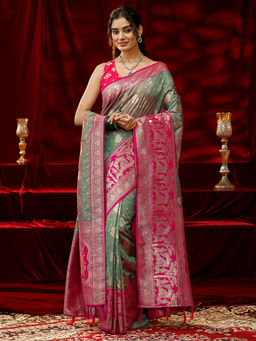 Libas - Women Sage Green Ethnic Motif Woven Design Saree with Dupatta