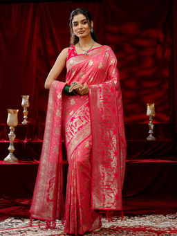 Libas - Women Pink Ethnic Motif Woven Design Saree with Dupatta