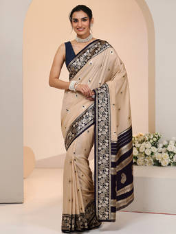 Libas - Women Beige-Navy Blue Ethnic Motif Floral Woven Design Saree