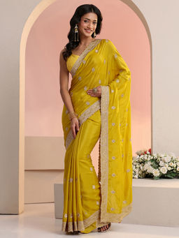 Libas - Women Yellow Floral Zari Embroidered Saree